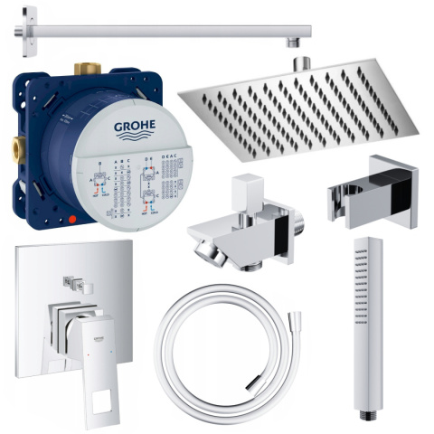 Zestaw prysznicowy podtynkowy ścienny z wylewką wannową, baterią Grohe EUROCUBE deszczownicą 20x20cm