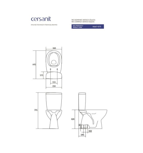 CERSANIT Kompakt WC ARTECO CleanOn z deską wolnoopadającą odpływ pionowy K667-075