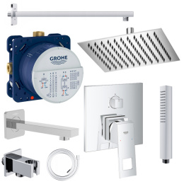 Zestaw prysznicowy podtynkowy ścienny z wylewką wannową, baterią Grohe EUROCUBE deszczownicą 20x20cm